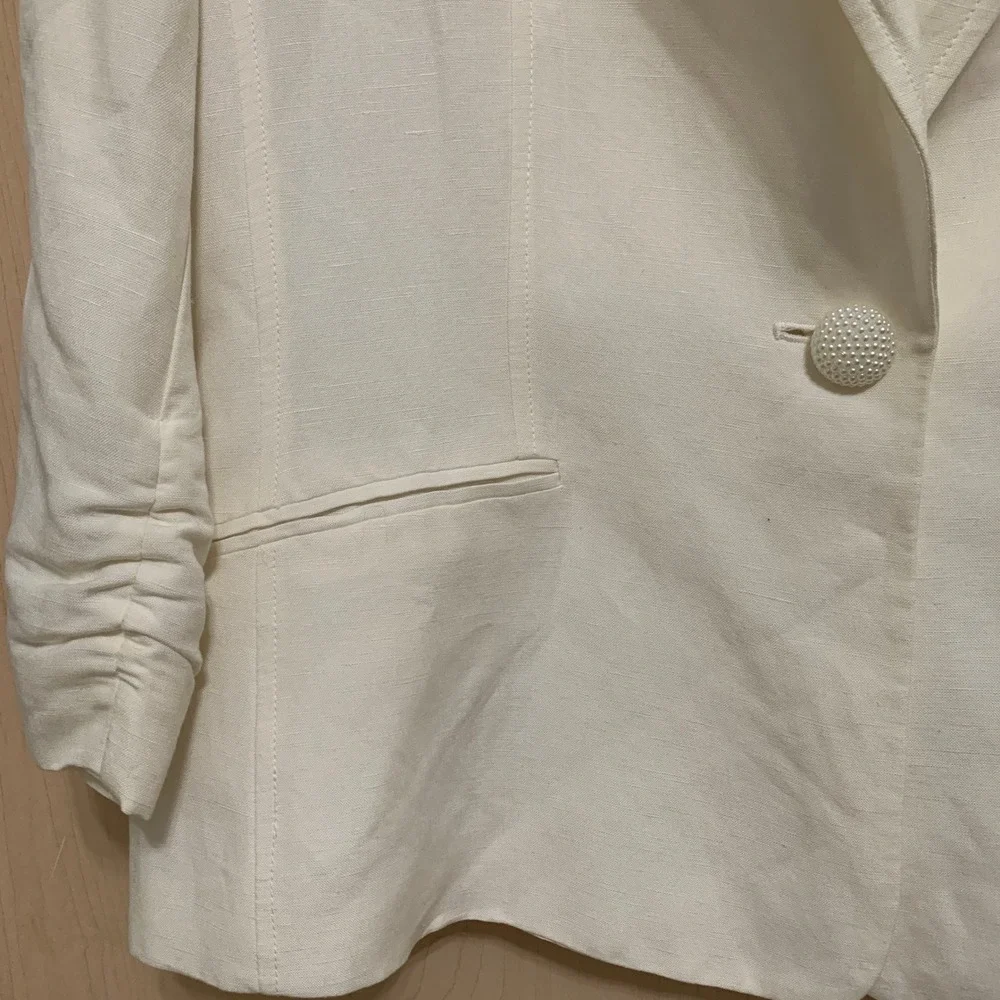 Kasper Blazer Women's 14 Ivory Linen Blend Ruched 3/4 Sleeve 1-Button Jacket